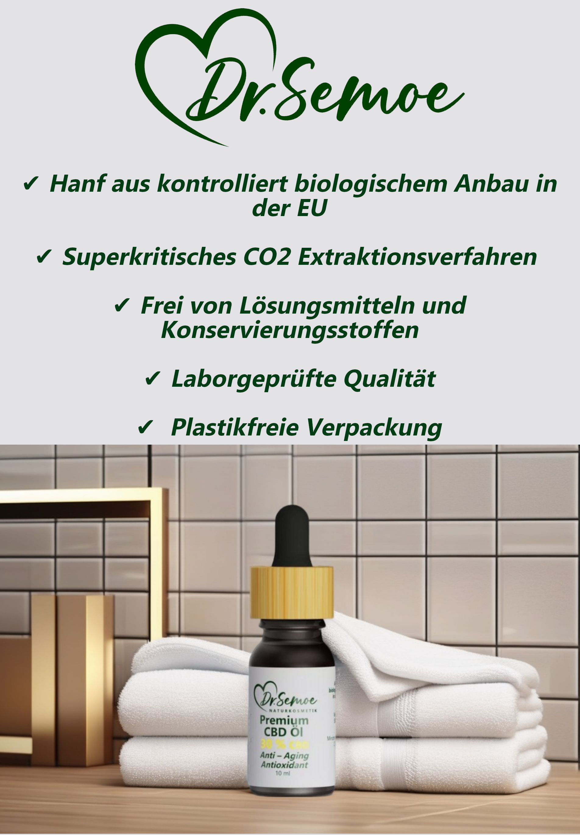 Höchste Qualität
Hanf aus kontrolliert biologischem Anbau in der Europäischen Union
Superkritisches CO2 Extraktionsverfahren 
Vor- und Endprodukte durch unabhängige Labore geprüft
Frei von Plastik, Lösungsmitteln und Konservierungsstoffen
THC Gehalt unter der Nachweisgrenze von 0,01%
Plastikfreie Verpackung